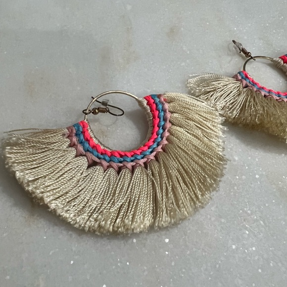 Cream String/Tassel Hoop Earrings w/ Pink & Blue Accents - Picture 6 of 7